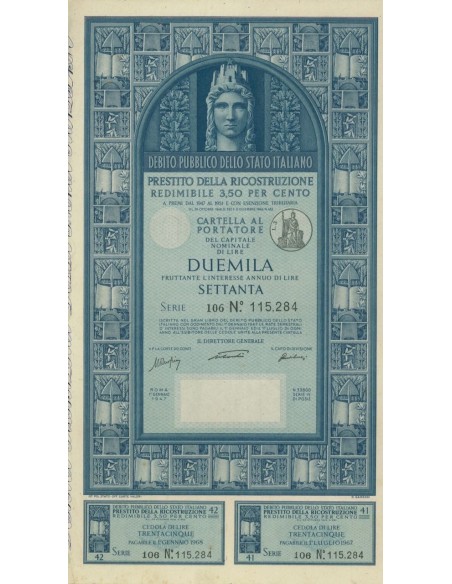 CARTELLA 2000 LIRE - P. DELLA RICOSTRUZIONE 3,50% - 1947