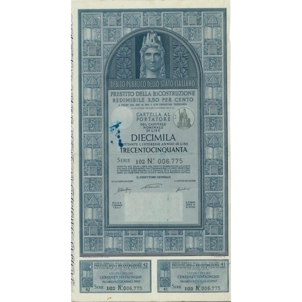 CARTELLA 20000 LIRE - P. DELLA RICOSTRUZIONE 3,50% - 1947
