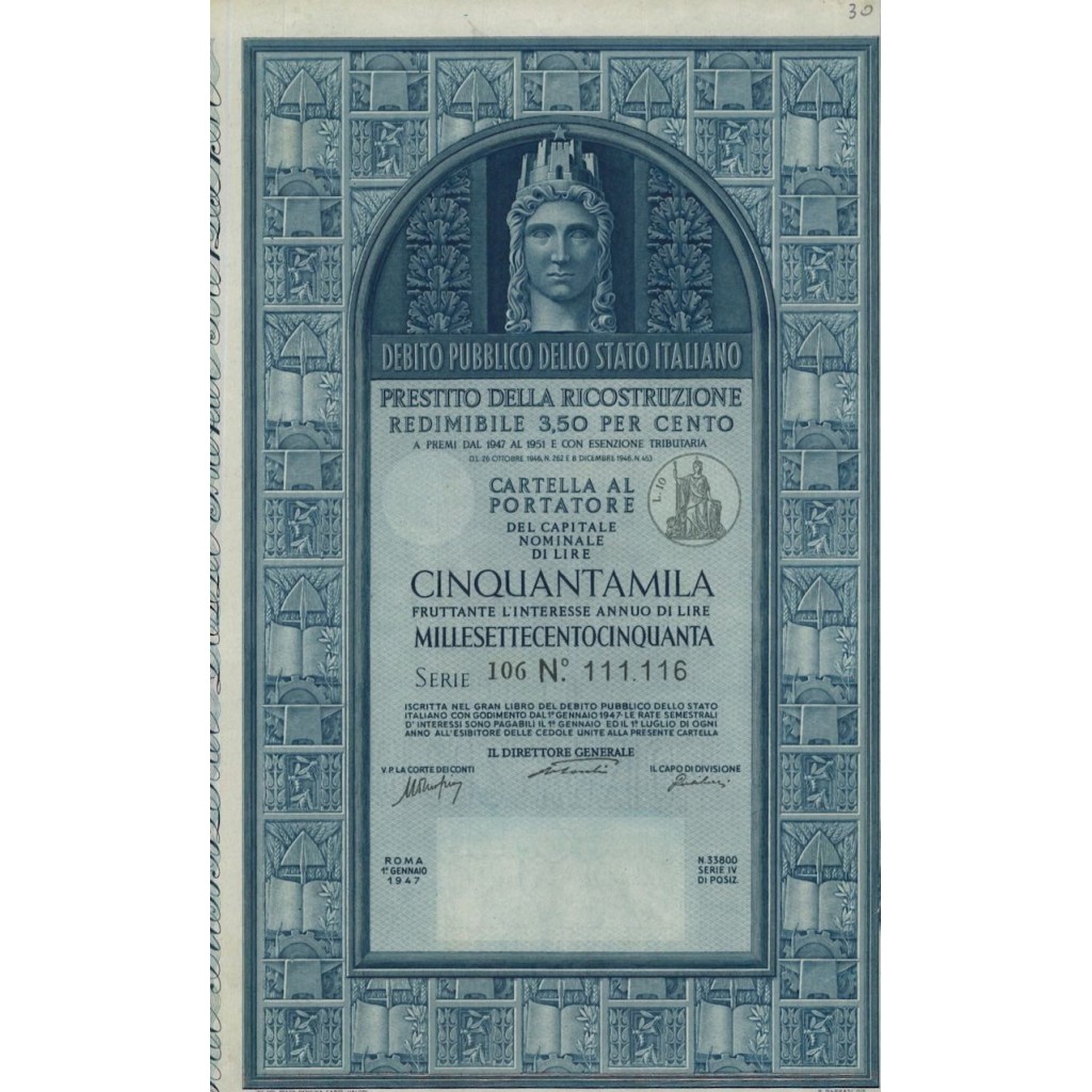 CARTELLA 50000 LIRE - P. DELLA RICOSTRUZIONE 3,50% - 1947