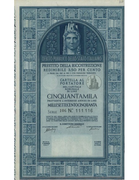 CARTELLA 50000 LIRE - P. DELLA RICOSTRUZIONE 3,50% - 1947
