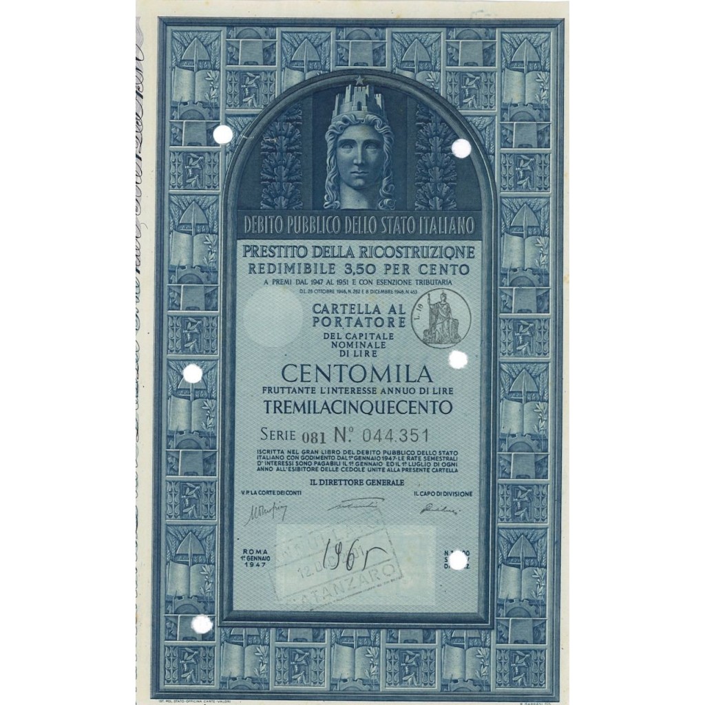 CARTELLA 100000 LIRE - P. DELLA RICOSTRUZIONE 3,50% - 1947
