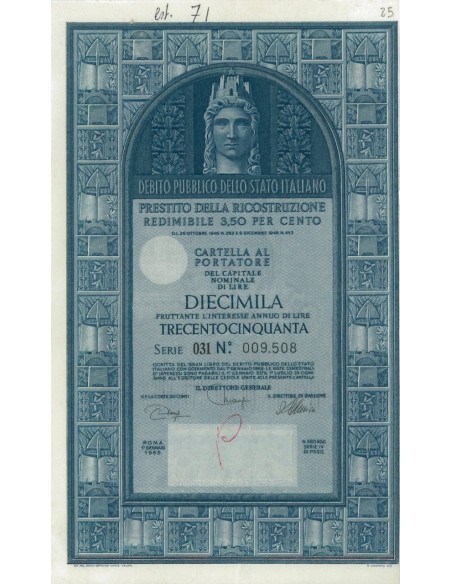 CARTELLA 10000 LIRE - P. DELLA RICOSTRUZIONE 3,50% - 1968