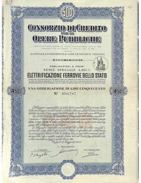 CONS. DI CREDITO PER LE OPERE PUBBLICHE ELETTRIFICAZIONE FERROVIE DELLO STATO 1 OBBL. 4,50% ROMA 1933