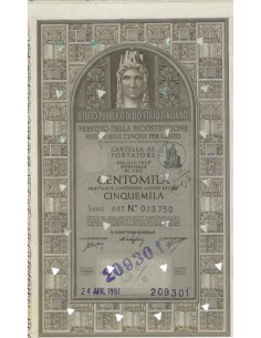 CARTELLA 100000 LIRE - P. DELLA RICOSTRUZIONE 5% - 1951