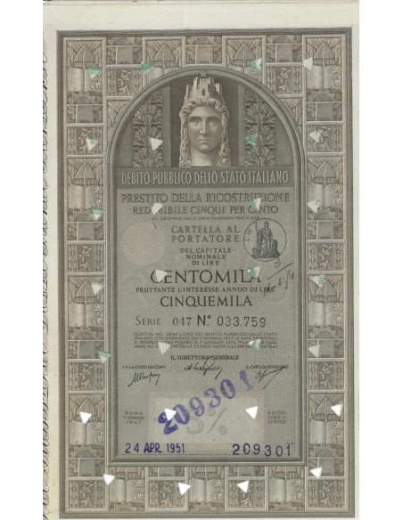 CARTELLA 100000 LIRE - P. DELLA RICOSTRUZIONE 5% - 1951