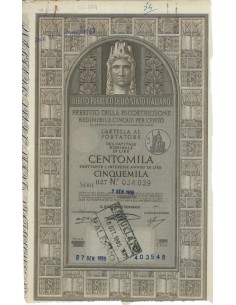 CARTELLA 100000 LIRE - P. DELLA RICOSTRUZIONE 5% - 1959