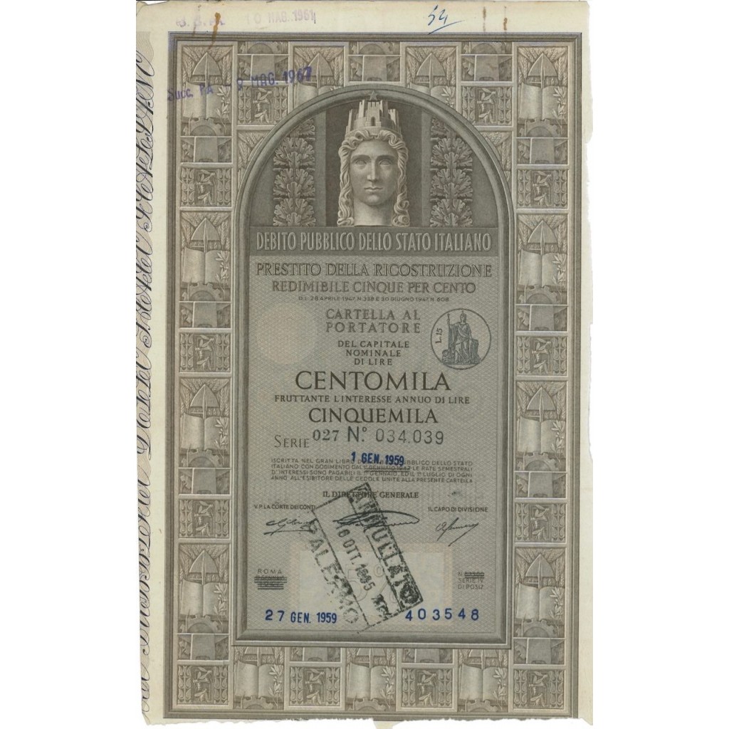 CARTELLA 100000 LIRE - P. DELLA RICOSTRUZIONE 5% - 1959