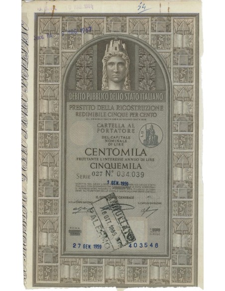 CARTELLA 100000 LIRE - P. DELLA RICOSTRUZIONE 5% - 1959