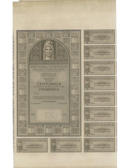 CARTELLA 100000 LIRE - P. DELLA RICOSTRUZIONE 5% FDS - 1947