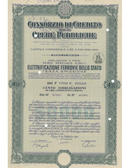 CONS. DI CREDITO PER LE OPERE PUBBLICHE ELETTRIFICAZIONE FERROVIE DELLO STATO 100 OBBL. 4,50% ROMA 1948
