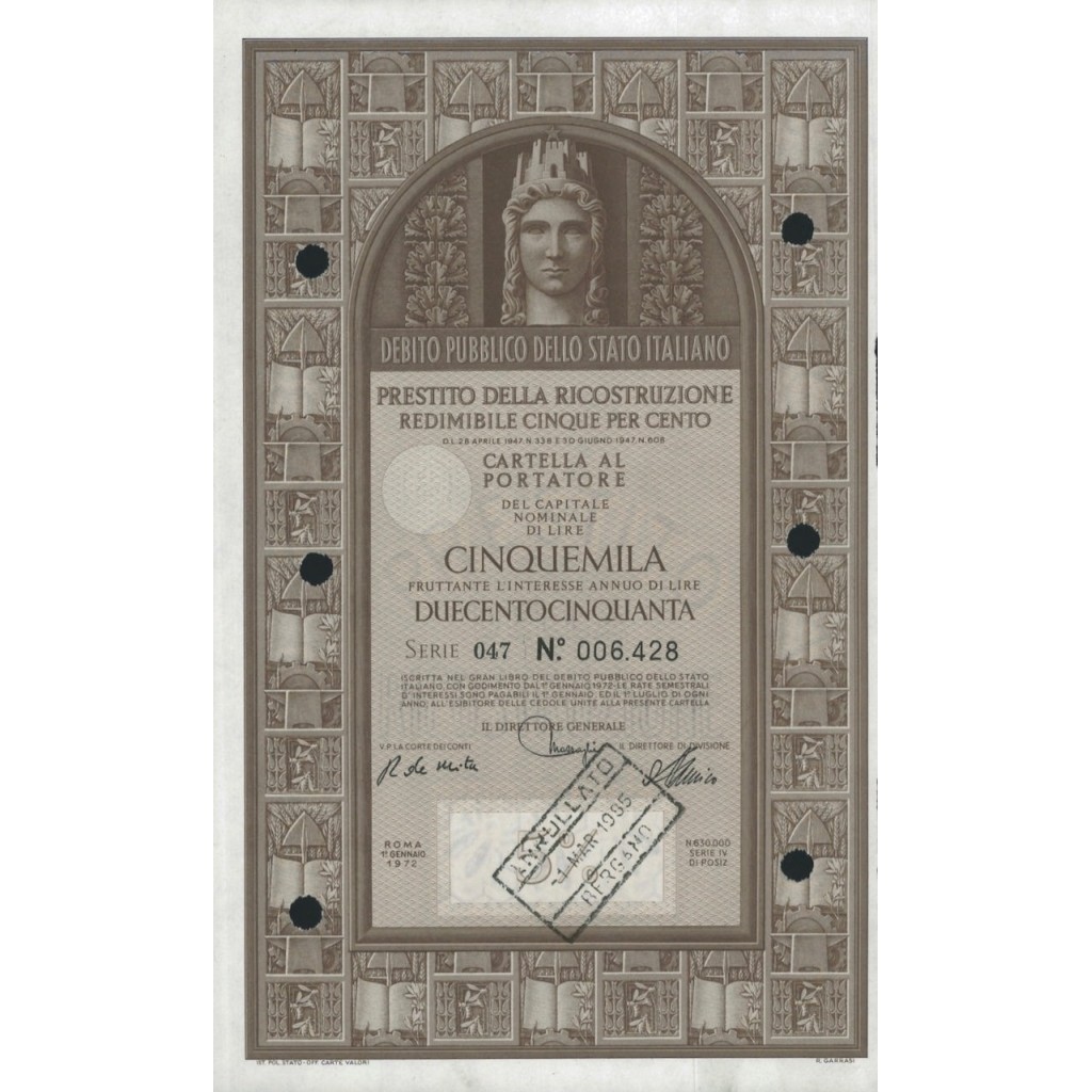 CARTELLA 5000 LIRE - P. DELLA RICOSTRUZIONE 5% - 1972