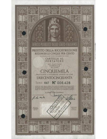 CARTELLA 5000 LIRE - P. DELLA RICOSTRUZIONE 5% - 1972