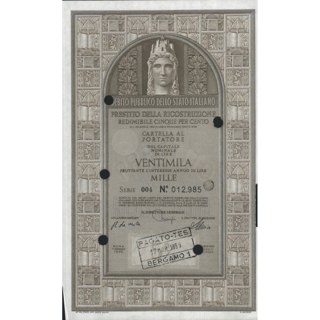 CARTELLA 20000 LIRE - P. DELLA RICOSTRUZIONE 5% - 1972