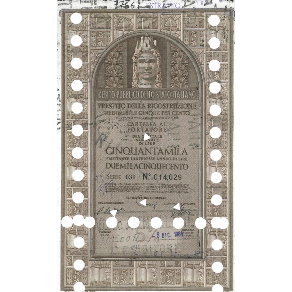CARTELLA 50000 LIRE - P. DELLA RICOSTRUZIONE 5% - 1984