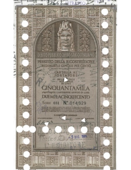 CARTELLA 50000 LIRE - P. DELLA RICOSTRUZIONE 5% - 1984