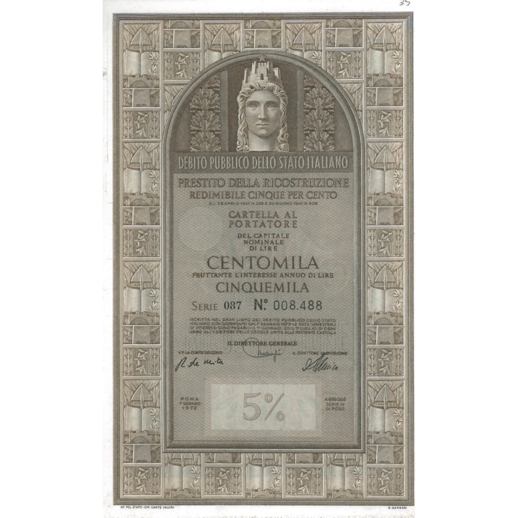CARTELLA 100000 LIRE - P. DELLA RICOSTRUZIONE 5% - 1972