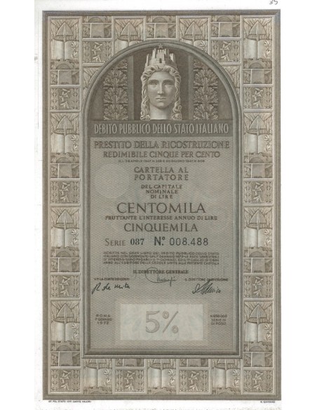 CARTELLA 100000 LIRE - P. DELLA RICOSTRUZIONE 5% - 1972
