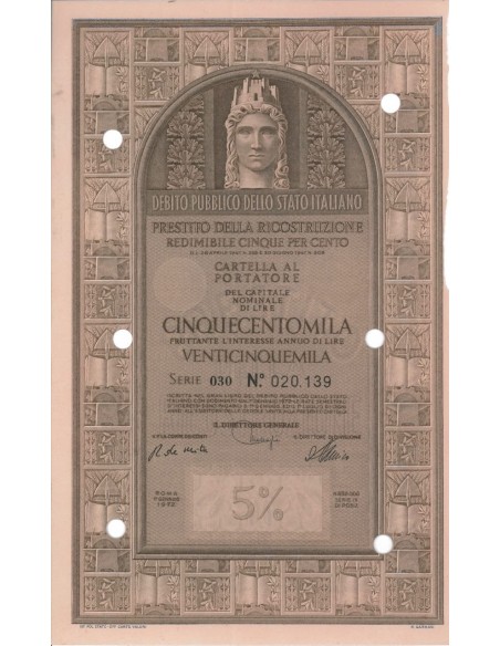 CARTELLA 500000 LIRE - P. DELLA RICOSTRUZIONE 5% - 1972