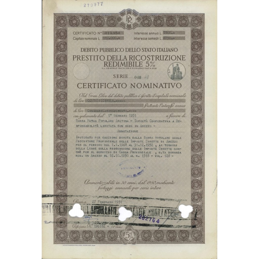 CERT. NOMINATIVO - P. DELLA RICOSTRUZIONE 5% - 1951
