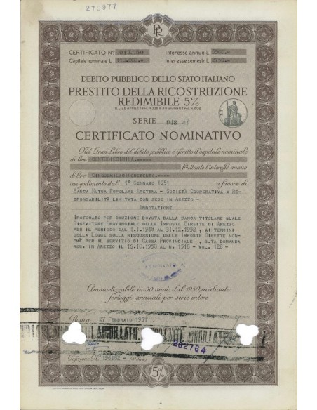 CERT. NOMINATIVO - P. DELLA RICOSTRUZIONE 5% - 1951