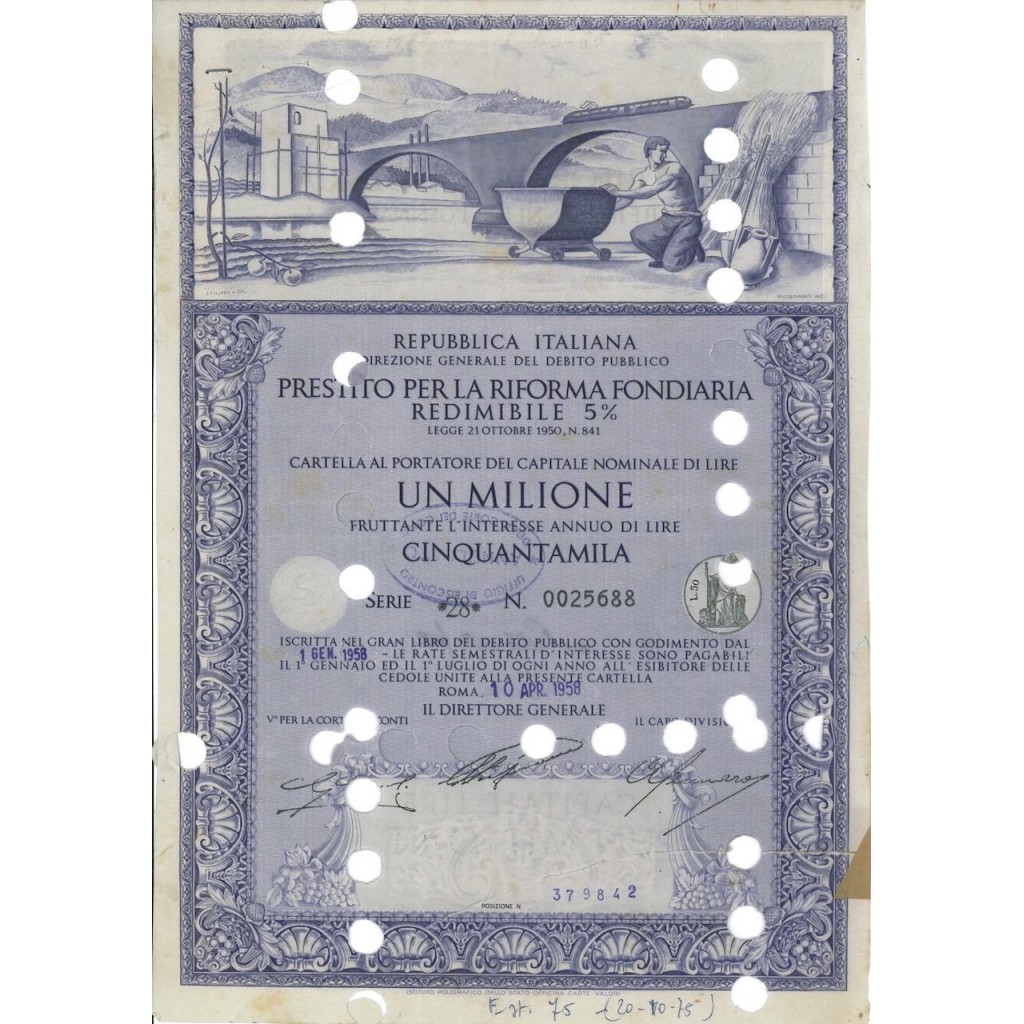 CARTELLA DA 1000000 - PREST. PER LA RIFORMA FONDIARIA RED. 5% 1958