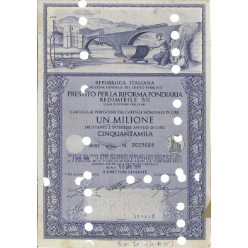 CARTELLA DA 1000000 - PREST. PER LA RIFORMA FONDIARIA RED. 5% 1958