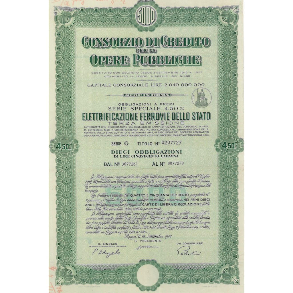 CONS. DI CREDITO PER LE OPERE PUBBLICHE ELETTRIFICAZIONE FERROVIE DELLO STATO 10 OBBL. 4,50% ROMA 1948