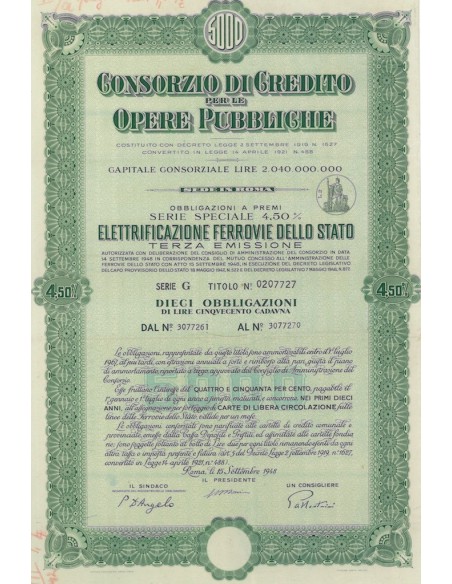 CONS. DI CREDITO PER LE OPERE PUBBLICHE ELETTRIFICAZIONE FERROVIE DELLO STATO 10 OBBL. 4,50% ROMA 1948