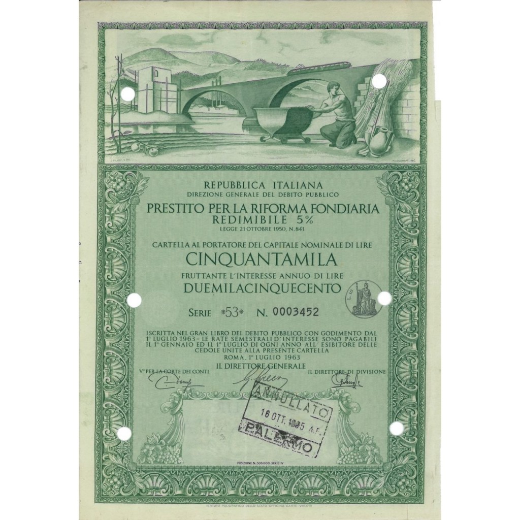 CARTELLA DA 50000 - PREST. PER LA RIFORMA FONDIARIA RED. 5% 1963
