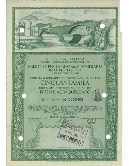 CARTELLA DA 50000 - PREST. PER LA RIFORMA FONDIARIA RED. 5% 1963