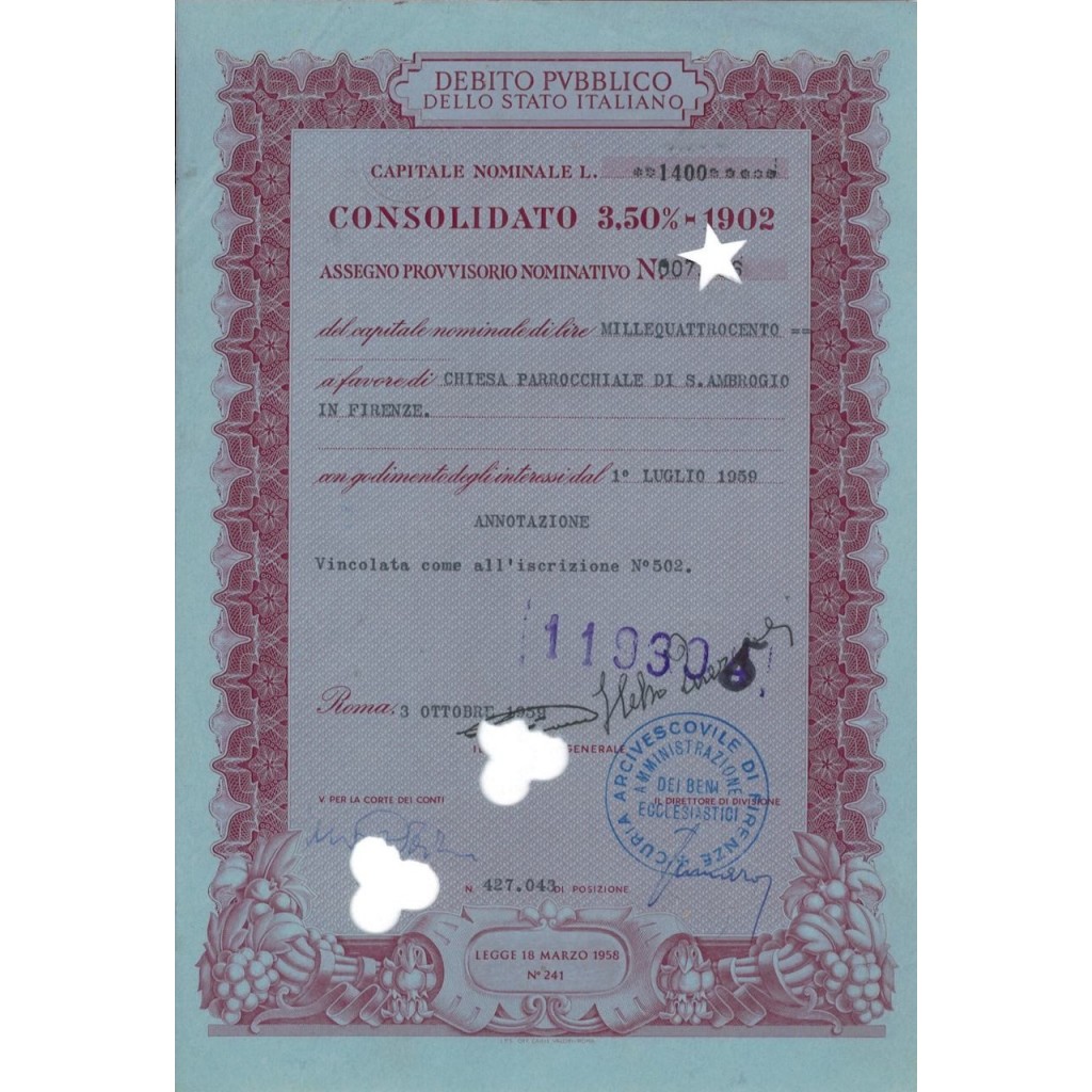 ASSEGNO PROVVISORIO - CONSOLIDATO 3,50% - ROMA 1959