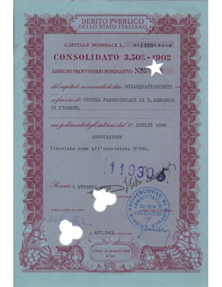 ASSEGNO PROVVISORIO - CONSOLIDATO 3,50% - ROMA 1959