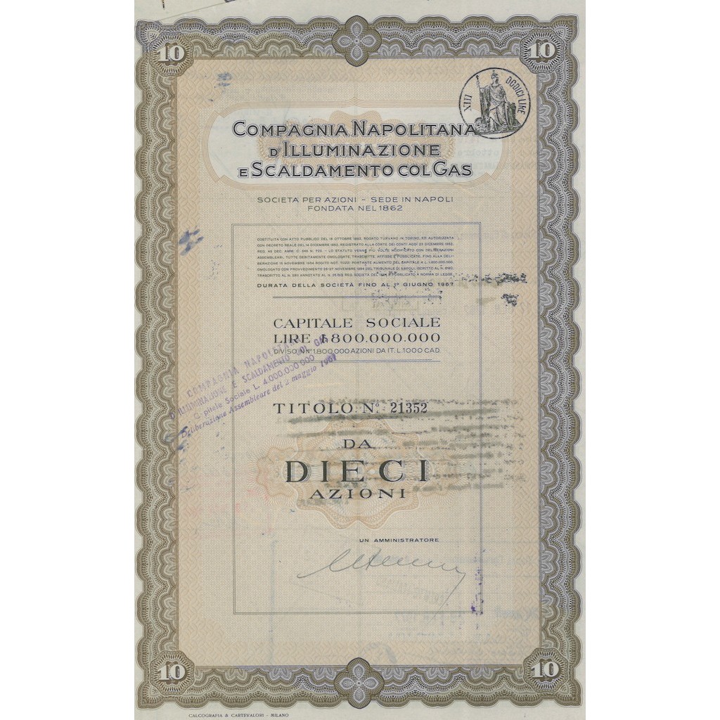 COMPAGNIA NAPOLITANA D' ILLUMINAZIONE E SCALDAMENTO COL GAS - Titolo di dieci azioni