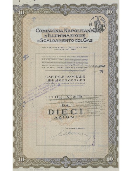 COMPAGNIA NAPOLITANA D' ILLUMINAZIONE E SCALDAMENTO COL GAS - Titolo di dieci azioni