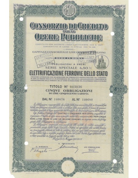 CONS. DI CREDITO PER LE OPERE PUBBLICHE ELETTRIFICAZIONE FERROVIE DELLO STATO 5 OBBL. 4,50% ROMA 1948