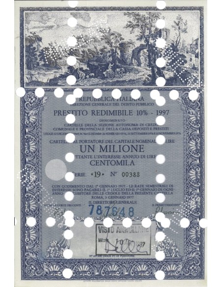 CARTELLA 1000000 LIRE - PRESTITO PER L'EDILIZIA SCOLASTICA 1997