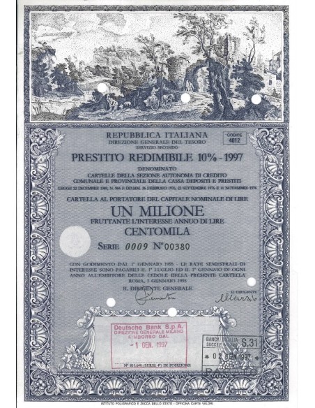 CARTELLA 1000000 LIRE - PRESTITO REDIMIBILE 10% - 1997