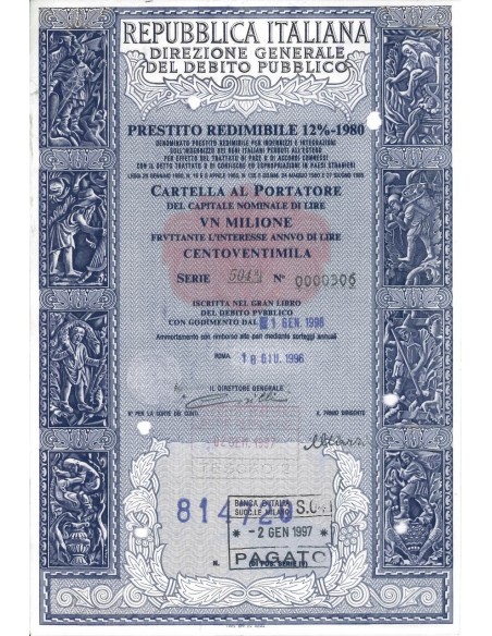 CARTELLA 1000000 LIRE - PRESTITO REDIMIBILE 12% - 1980