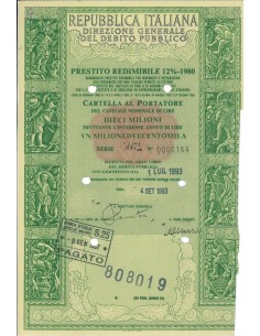 CARTELLA 10000000 LIRE - PRESTITO REDIMIBILE 12% - 1980