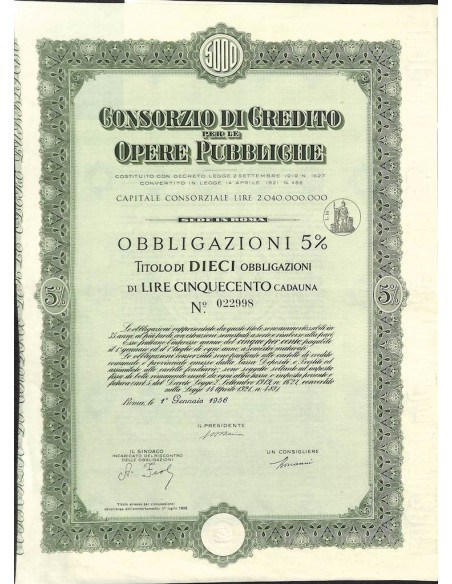 CONS. DI CREDITO PER LE OPERE PUBBLICHE 10 OBBL. 5% ROMA 1956