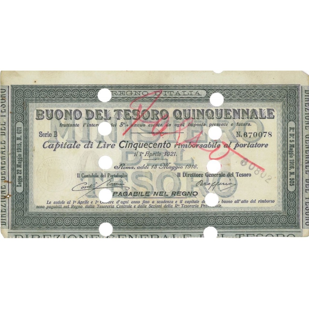 BUONO DEL TESORO QUINQUENNALE - LIRE 500 ROMA 1916