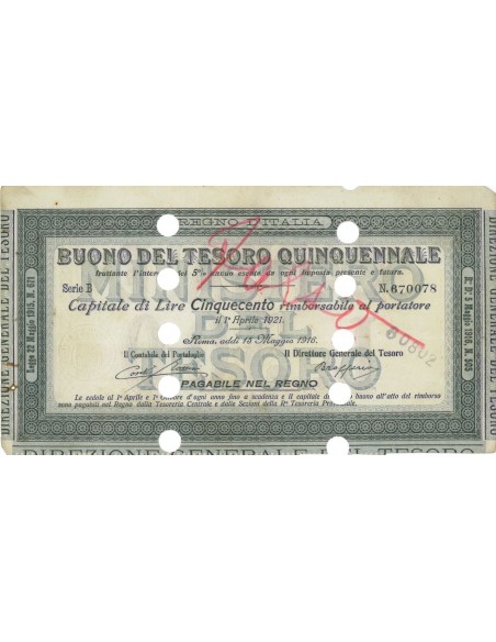 BUONO DEL TESORO QUINQUENNALE - LIRE 500 ROMA 1916