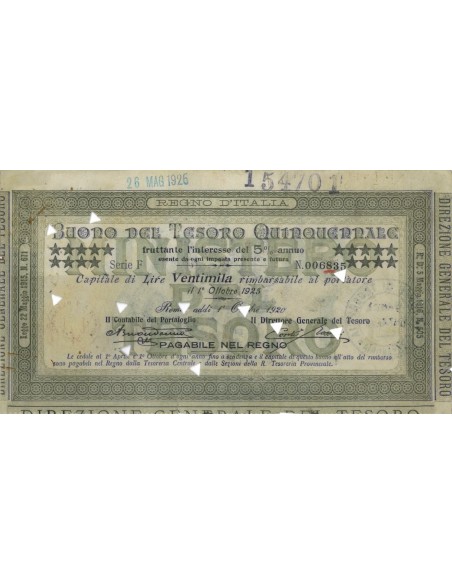 BUONO DEL TESORO QUINQUENNALE - LIRE 20000 ROMA 1920