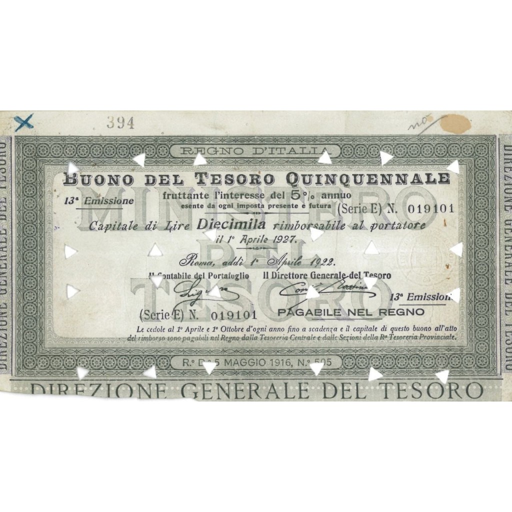 BUONO DEL TESORO QUINQUENNALE - LIRE 10000 ROMA 1922