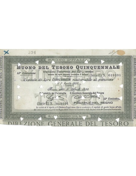 BUONO DEL TESORO QUINQUENNALE - LIRE 10000 ROMA 1922 BUONO DEL TESORO QUINQUENNALE - LIRE 10000 ROMA 1922