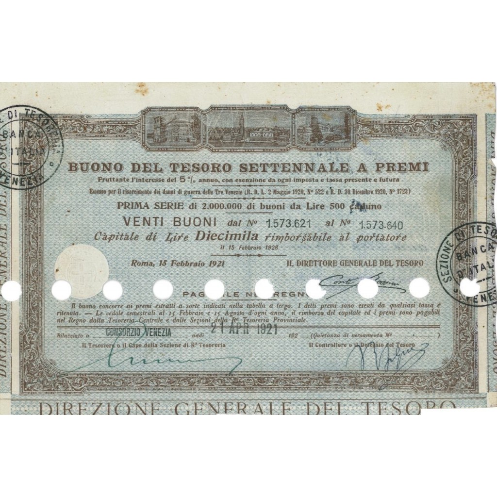 BUONO DEL TESORO SETTENNALE - 20 BUONI ROMA 1921