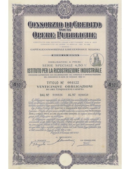 CONS. DI CREDITO PER LE OPERE PUBBLICHE IST. RICOSTRUZIONE IND. 25 OBBL. 4,50% ROMA 1933