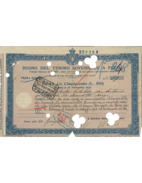 BUONO DEL TESORO NOVENNALE - LIRE 500 ROMA 1925