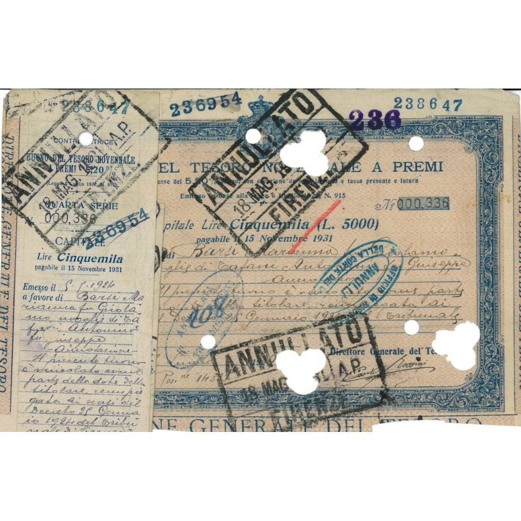 BUONO DEL TESORO NOVENNALE - LIRE 5000 ROMA 1924