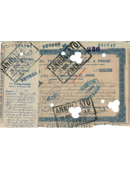BUONO DEL TESORO NOVENNALE - LIRE 5000 ROMA 1924